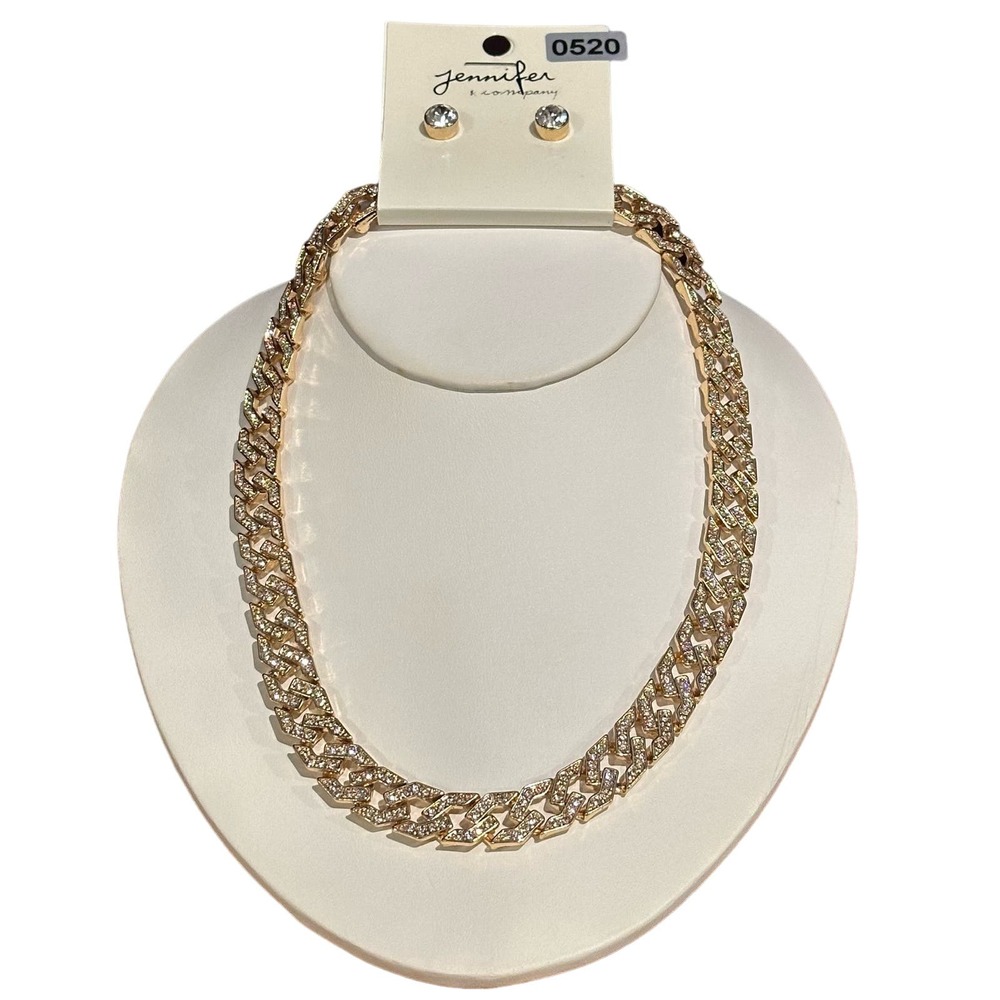 Gold & Rhinestone Cuban Flat Link Reversible Necklace & Earring Set, NWT